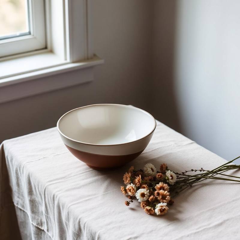Handmade ceramic bowl on a linen table
